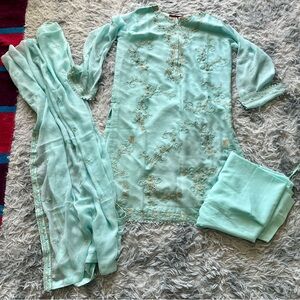 Brand new aqua chiffon Embroidered three piece suit